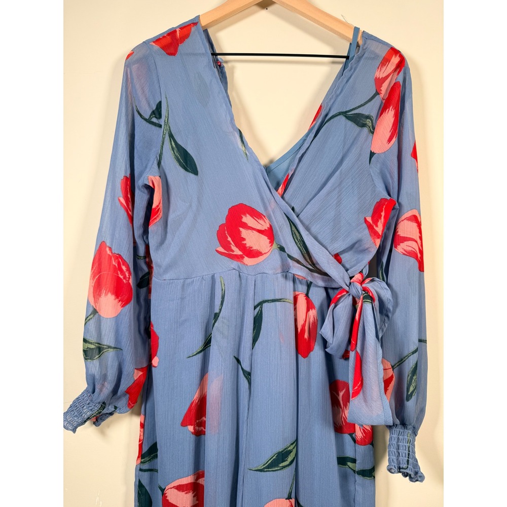 Lulus Light Blue Red Tulip Floral Wrap Front Wide Leg Jumpsuit Long Sleeve M - Picture 2 of 9